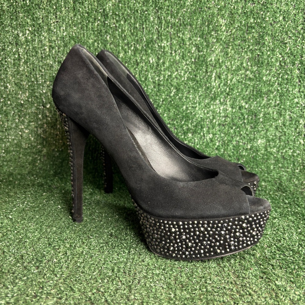 Brian Atwood Hamper Studded Platform Peep Toe Glam Stiletto Pump Black Women 8.5